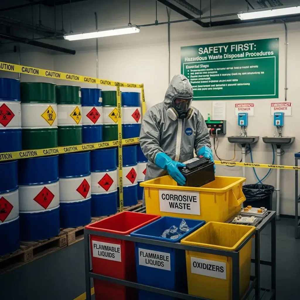 Professional in protective gear managing hazardous materials at a disposal facility, highlighting safety and compliance
