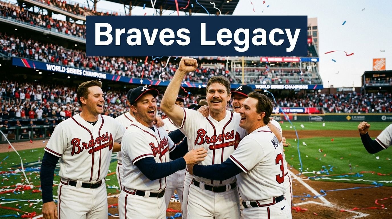 Atlanta Braves baseball players celebrate on the field during the World Series championship victory celebration.