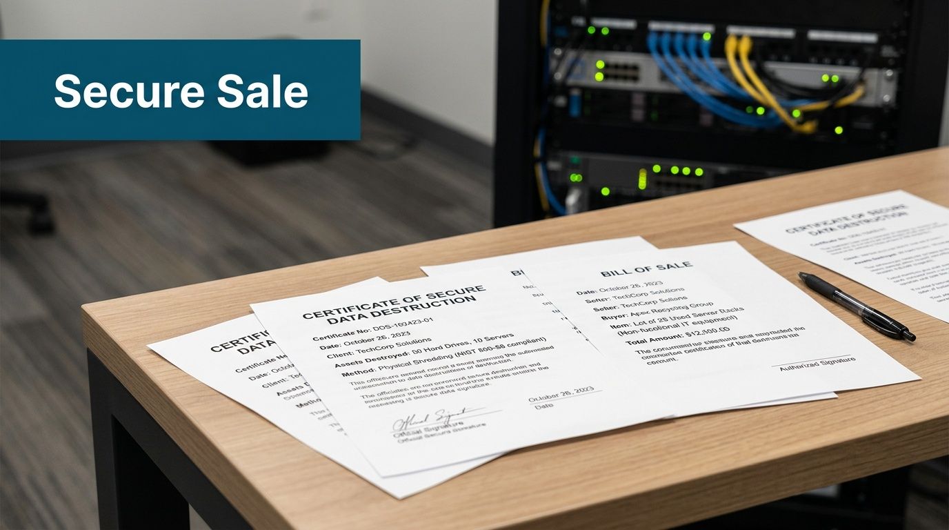 Documents including a Certificate of Secure Data Destruction and a Bill of Sale resting on a wooden desk.